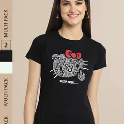 Fabflee Women Black & Sea Green Pack Of 2 Typography Printed Cotton T-shirts-image-63