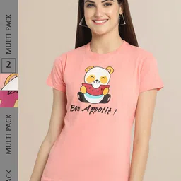 Fabflee Women Peach-Coloured & Pink Pack of 2 Printed T-shirt-9