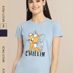 Fabflee Women Blue & Black Pack Of 2 Printed Cotton T-shirt-image-134