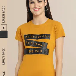 Fabflee Women Black & Mustard Yellow Pack Of 2 Typography Cotton T-shirt-image-98