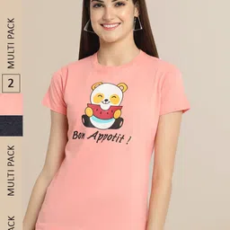 Fabflee Women Peach-Coloured & Black Pack Of 2 Printed Cotton T-shirt-picture-27