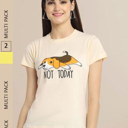 Fabflee Women Yellow & Beige  Pack Of 2 Cotton Printed T-shirt-image-74
