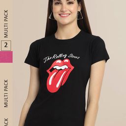 Fabflee Women Black & Pink Pack of 2 Printed Cotton T-shirts-image-89