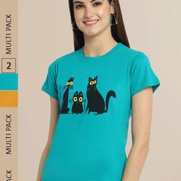 Fabflee Women Teal & Mustard Yellow Pack Of 2 Printed Cotton T-shirts-image-8