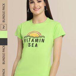 Fabflee Women Green & Charcoal Pack of 2 Graphic Printed Cotton T-shirt-image-31