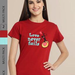 Fabflee Women Maroon and Turquoise blue Pack Of 2 Typography Print Cotton T-shirt-image-87