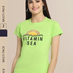 Fabflee Women Green & Navy Blue Pack of 2 Printed Cotton T-shirts-image-15