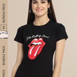 Fabflee Women Black & Pink Pack of 2 Graphic Printed Cotton T-shirt-image-120