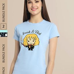 Fabflee Women Blue & Sea Green Pack of 2 Graphic Printed Cotton T-shirt-image-96