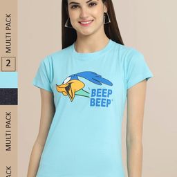 Fabflee Women Pack Of 2 Blue & Black Printed Cotton T-shirt-image-129