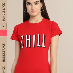 Fabflee Women Red & Coral Pack of 2 Graphic Printed Cotton T-shirt-picture-0