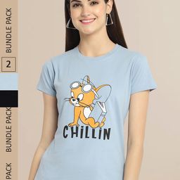 Fabflee Women Blue & Black Pack of 2 Graphic Printed Cotton T-shirt-image-110