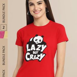 Fabflee Women Red & Pink Pack of 2 Graphic Printed Cotton T-shirt-image-85