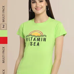 Fabflee Women Pack Of 2 Green & Red Typography Printed Cotton T-shirt-3