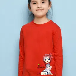 NUSYL Girls Red Graphic Print Long Sleeves Cotton T Shirt-36