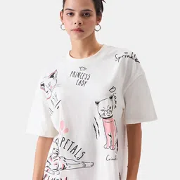 The Souled Store White & Black Typography Printed Oversized Pure Cotton T-shirt-picture-1