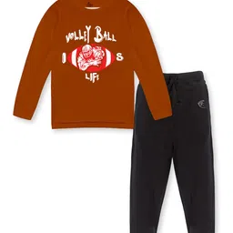 KiddoPanti Boys Rust & Black Printed Pure Cotton T-shirt with Trousers-picture-1