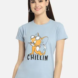 Fabflee Women Blue Printed Round Neck Cotton T-shirt-image-50