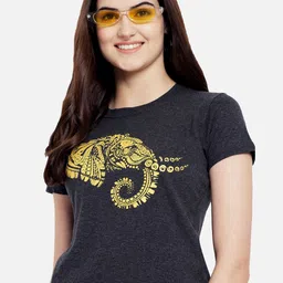Fabflee Women Grey Printed Round Neck Cotton T-shirt-image-36