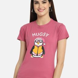 Fabflee Women Pink Printed Round Neck Cotton T-shirt-image-76