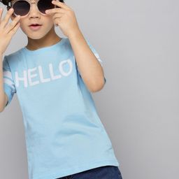 HERE&NOW Boys Blue & White Typography Printed Pure Cotton T-shirt-image-58