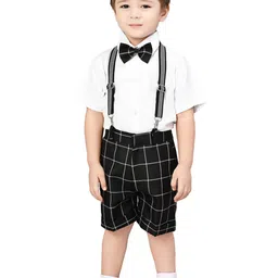 Jeetethnics Boys Black & White Shirt With Checked Shorts With Bow & Suspenders Set-image-59