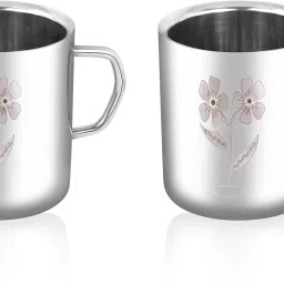 Pack of 1 Stainless Steel Sobar Coffee Mug Set of 2 - Double Wall, Mirror Polish, Laser Printed Flower-4