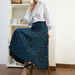 Berrylush Blue & Orange Animal Printed Accordion Pleated Flared Casual Midi A-Line Skirt-image-30
