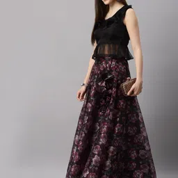NEUDIS Women Maroon & Pink Floral Print Flared Maxi Lehenga Skirt-image-1