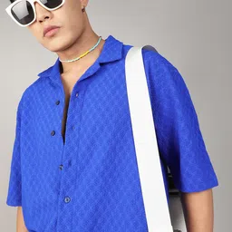 Campus Sutra Comfort Oversized Self Design Textured Cuban Collar Embroidered Shirt-picture-19