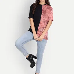 COLOR CAPITAL Women Black & Red Tie and Dye Dyed Pure Cotton T-shirt image 5