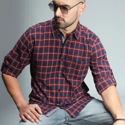 High Star Standard Checked Cotton Spread Collar Curved Casual Shirt-image-6