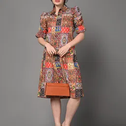 Justin Whyte Ethnic Motifs Printed Crepe Shirt Collar Dress-picture-16