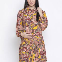 Oxolloxo Women Yellow Floral Crepe Maternity Shirt Dress-image-77