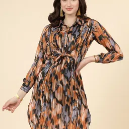 plusS Abstract Print Cuffed Sleeves Shirt Style Dress-picture-1