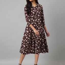 W Brown & Pink Floral Satin A-Line Midi Dress-image-40