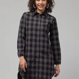 Hive91 Checked Cuffed Sleeves High-Low Hem Mini Shirt Dress-picture-8