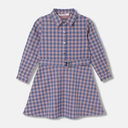 ELLE Girls Checked Shirt Collar Cuffed Sleeves Pure Cotton Shirt Dress-image-12