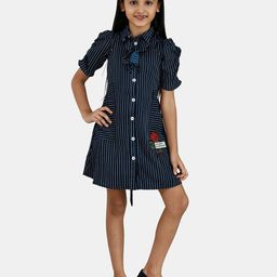 Peppermint Navy Blue & White Striped Applique Chiffon Shirt Dress-picture-6