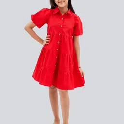 Olele Girls Lucy Shirt Collar Flared Sleeves Gathered & Tiered Cotton Shirt Dress-image-75