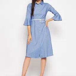 Camey Striped Bell Sleeves Belted Shirt Dress-image-17