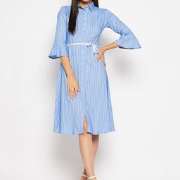 Camey Striped Bell Sleeves Belted Shirt Dress-picture-44