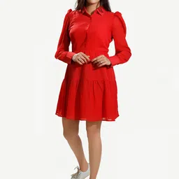 Dream of Glory Inc Red Layered Georgette Formal Shirt Dress-picture-30