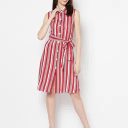 Purple State Striped Shirt Collar Cotton A-Line Dress-picture-21