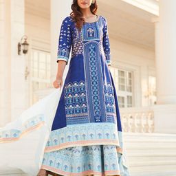 AURELIA Women Blue Floral Printed Kurta with Skirt & With Dupatta-image-56