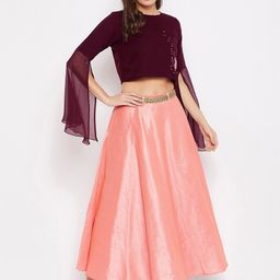 Bitterlime Women Maroon & Pink Embellished Crop Top With Skirt-image-28