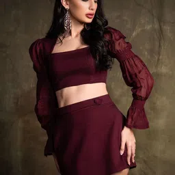 brown sugar Party Puncher Square Neck Bell Sleeves Top With Mini Skirt-image-17