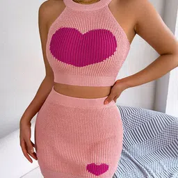 StyleCast x Revolte Pink Graphic Printed Halter Neck Top with Skirt-picture-4