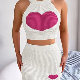 StyleCast x Revolte White Knitted Heart Design Top and Mini Skirt Co-ords-image-24