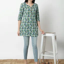 JANAKDULARI CREATION Floral Print Mandarin Collar Cotton Shirt Style Longline Top-image-58